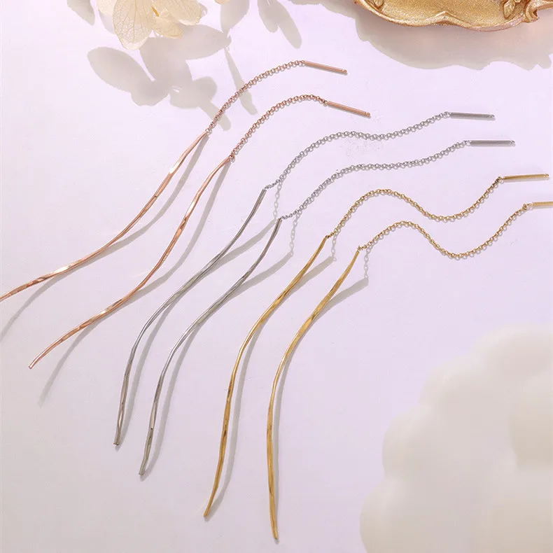 Aretes de mujer stainless steel custom gold plated 18k threader earrings ladies titanium minimalist stainless steel fine jewelry