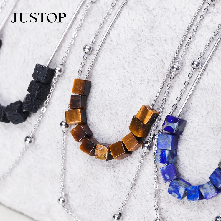 Wholesale Luxury Stainless Steel Natural Stone Double Layer Fashion Turquoise Choker Necklace Jewelry