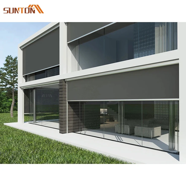 Custom sunshading outdoor sun shading curtain zipped screen rolling shades exterior electric automatic sunshade roller blinds