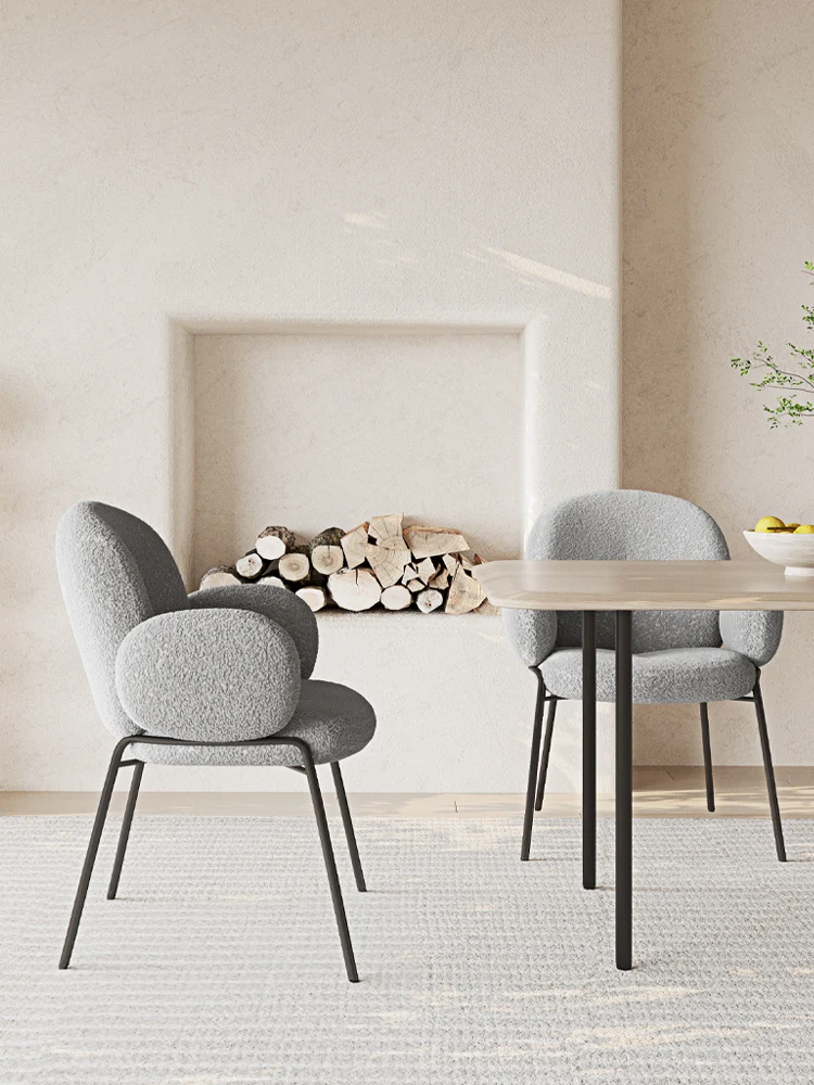 Modern restaurant dining chair comfortable lambswool fur fabric upholstered boucle leisure accent armchair cafe chair