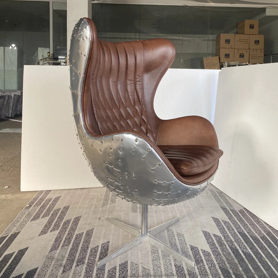 aviator retro aluminum back covering vintage brown leather egg chair