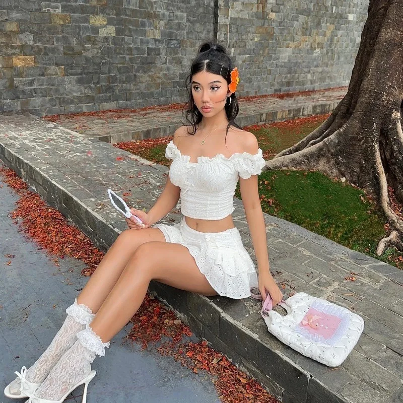 2024 Summer new French sweet puff sleeve top elegant ruffled skirt women two-piece white set
