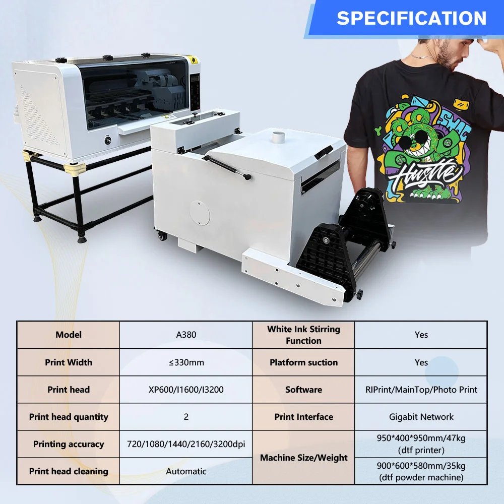 A3 DTF printer transfer pet film printing machine  Dual XP600 I3200 heads with powder shaking machine shaker and dryer