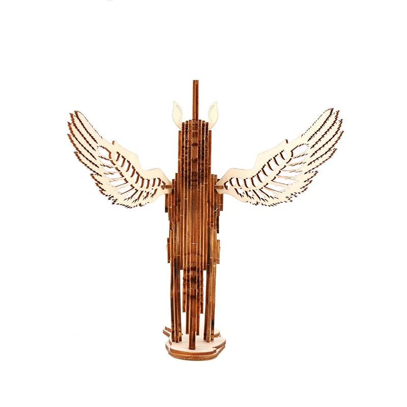 Ready to ship wholesale  laser cutting children educational Toy  Eco-friendly 3d wooden animal puzzle unicorn flying horse