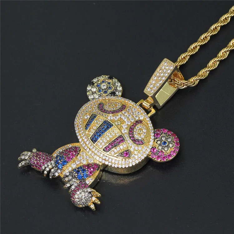 
Hiphop Jewelry Rock Style Brass CZ Colorful Frog Pendants With Cubic Zirconia Rope Chain Animal bling Necklace Men And Women 
