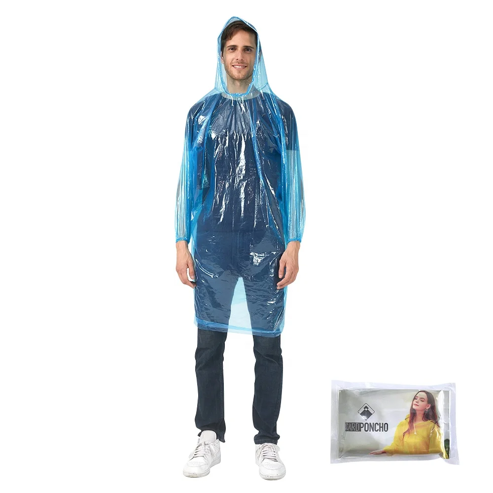 transparent rain card poncho clear red blue green sleeve hooded good quality disposable