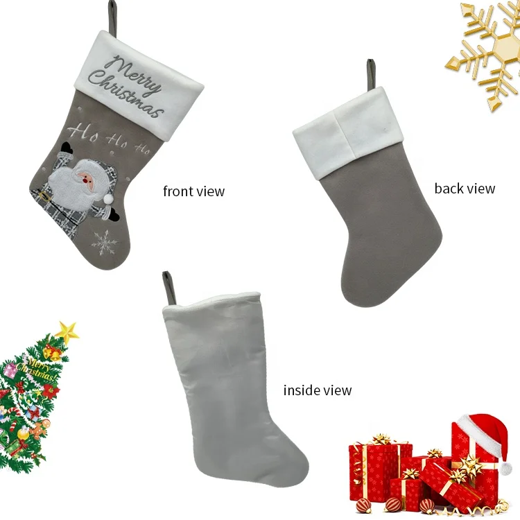 Custom Mini Grey Polyester Embroidered Santa Snowman Bear Penguin Patterns Candy Bag Christmas Stocking
