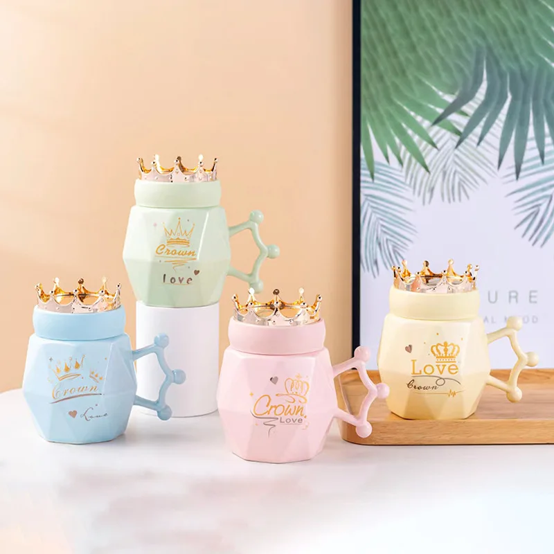 New Creative Porcelain Tableware Ceramic Coffee Mug Cups with Crown Lid KING Design Gift Old Man Couple Color Box
