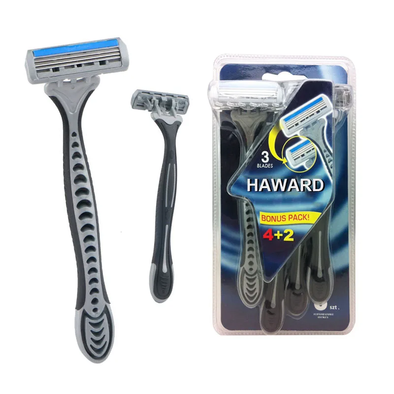 Three Blade Long Rubber Handle Hair Shaving Razor High Quality Disposable Razor With Safety Cover