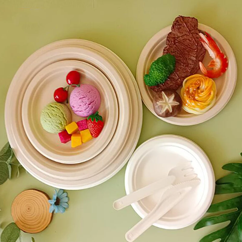 OEM ODM Eco Friendly Disposable Biodegradable Sugarcane Pulp Bagasse Sugar Cane Tableware 6 inch Food Round Plate