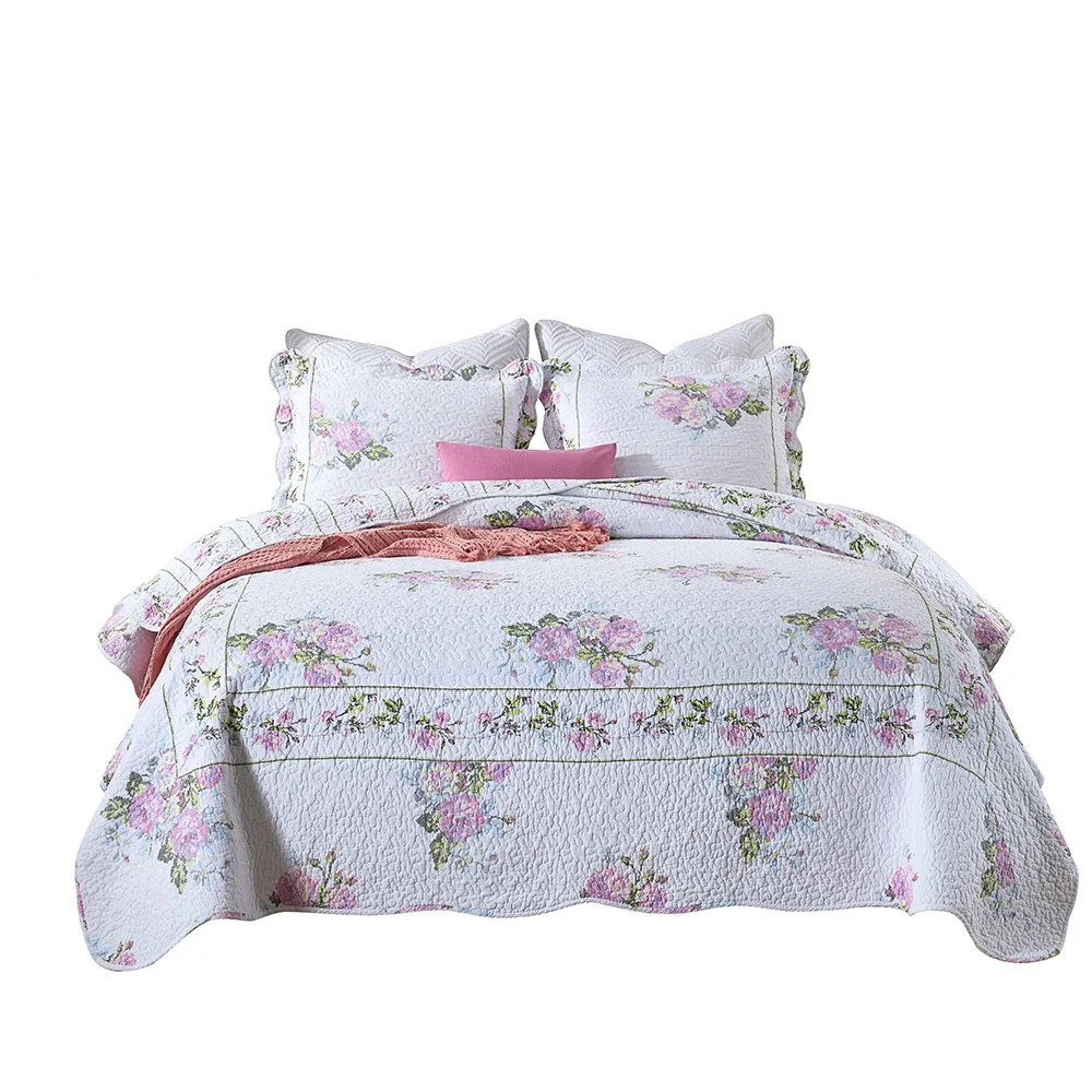 
Luxury Pure Cotton 3 Pieces Rose Printed Bedding Flowers Quilts Bed Cover Sets king size quilted Bedspread 