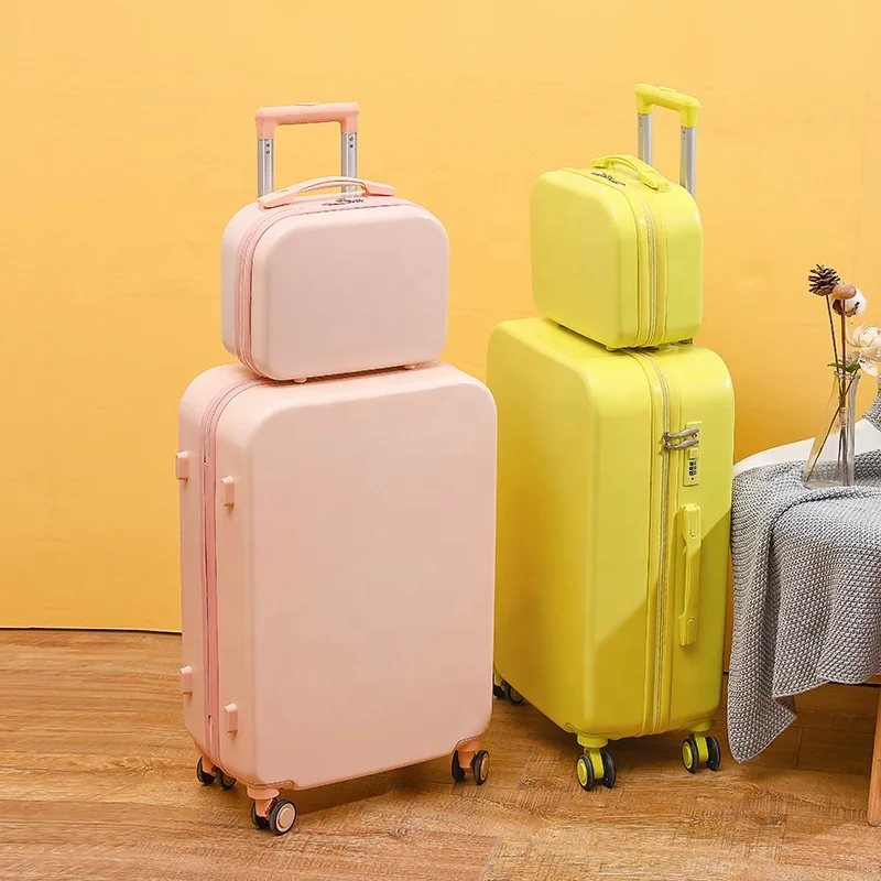 hot sale candy color zipper pulls Trolley beauty suitcase bags yellow luggage set for women
