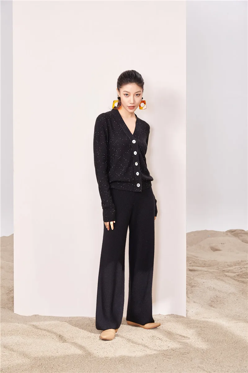 Hot Selling Female Sequin 100% Cashmere Knitted Button V-neck Sweater Cardigan