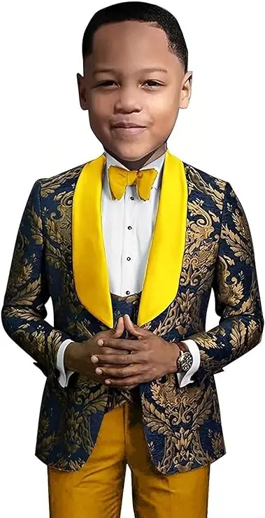 Luxury Boys Suits Set Shawl Lapel Tuxedo For Groom Tailored 3 Pieces Floral Wedding Suit Baroque Tuxedo Suite For Children