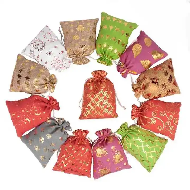 10*14cm Linen Drawstring Christmas Burlap Storage Bags Mini Jewelry Pouch Bag for Storage Festival Decoration for Coffee Candies