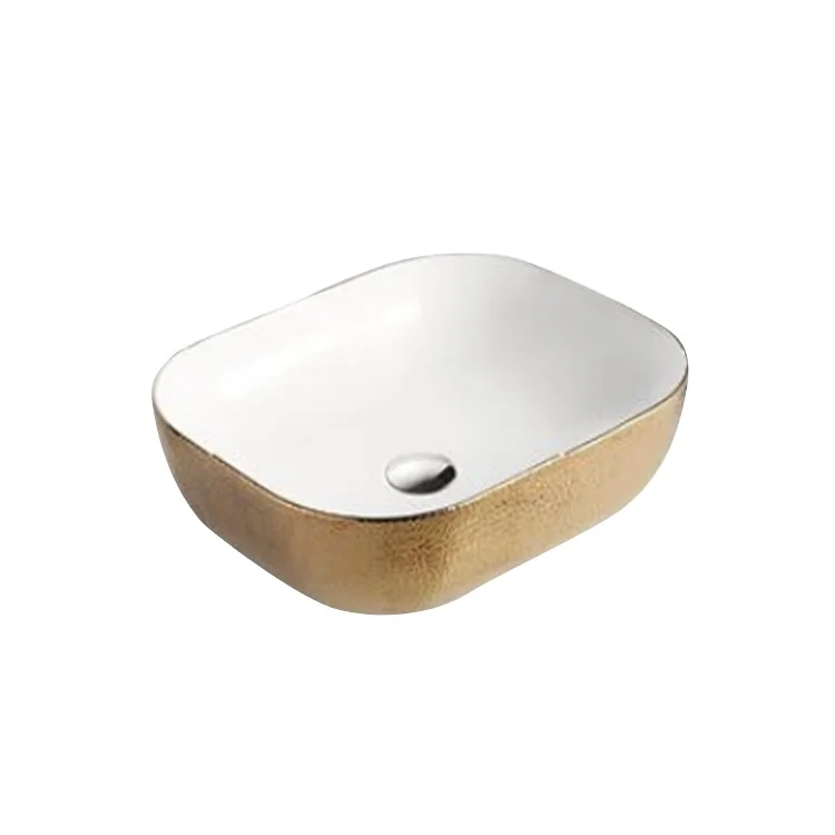 Chaozhou Factory Bathroom One Piece Ceramic Gold Art Wash Basin Table Top Sink