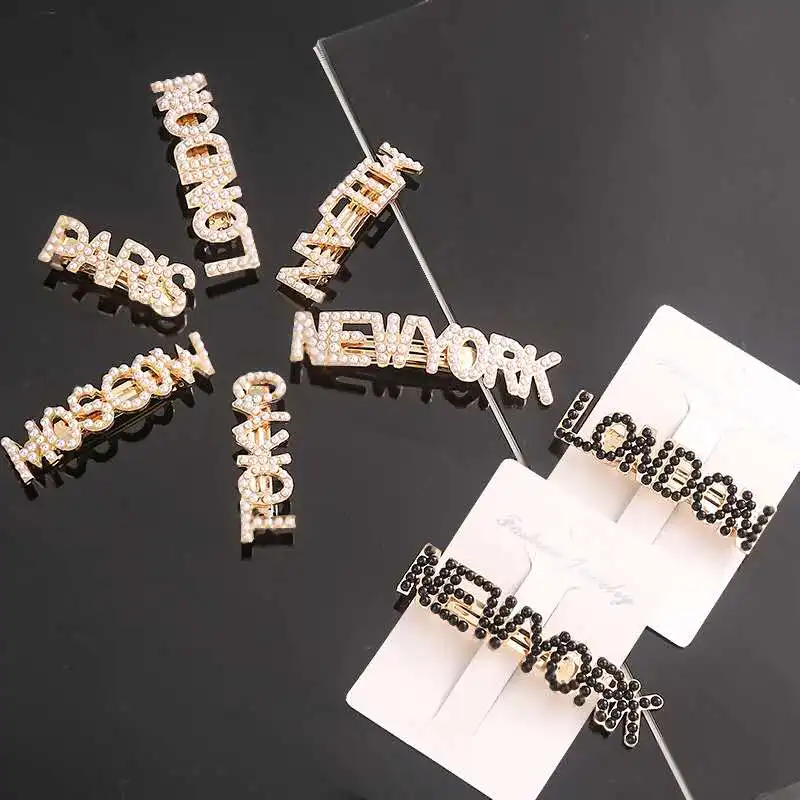 
Latest Girls Accessory Hand Making City Name Hair Spring Clips Newyork London Paris Milan Moscow Tokyo Pearl Hair Pins 