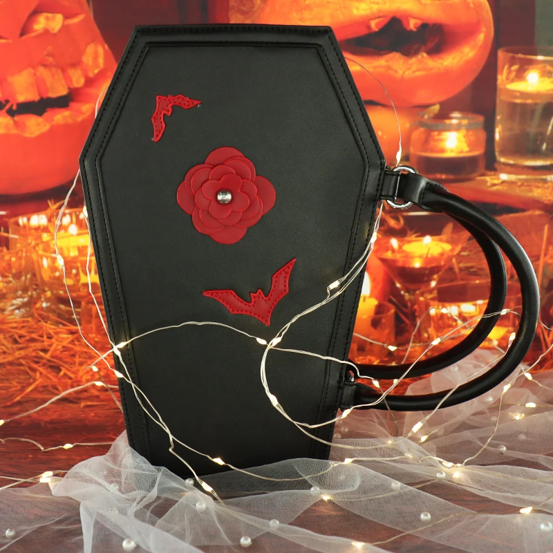 Custom Bag design  Coffin shape Purse Black Pu Leather Gothic shoulder Bag with 3D Ross and Bat deatils