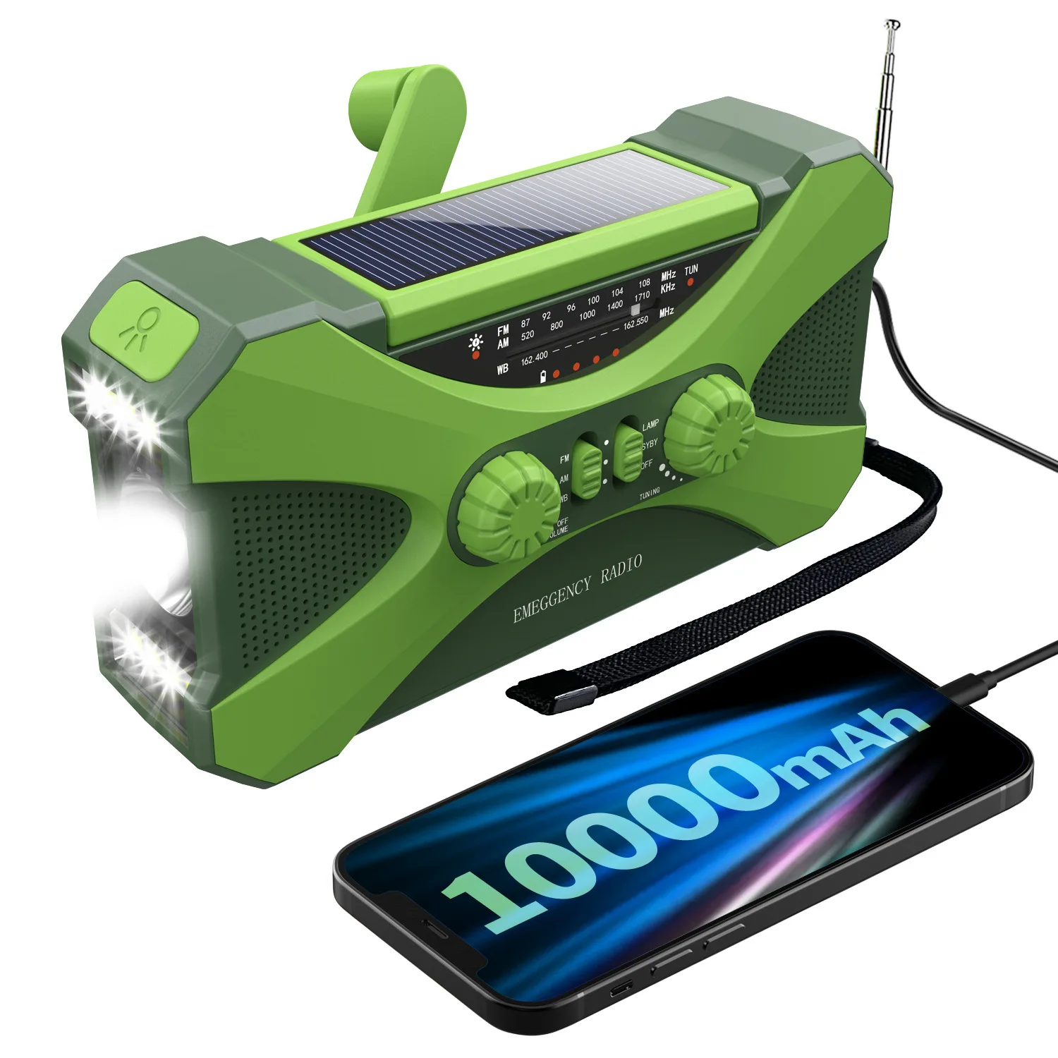 New product 10000ma large-capacity solar hand-cranked rechargeable emergency radio with flashlight