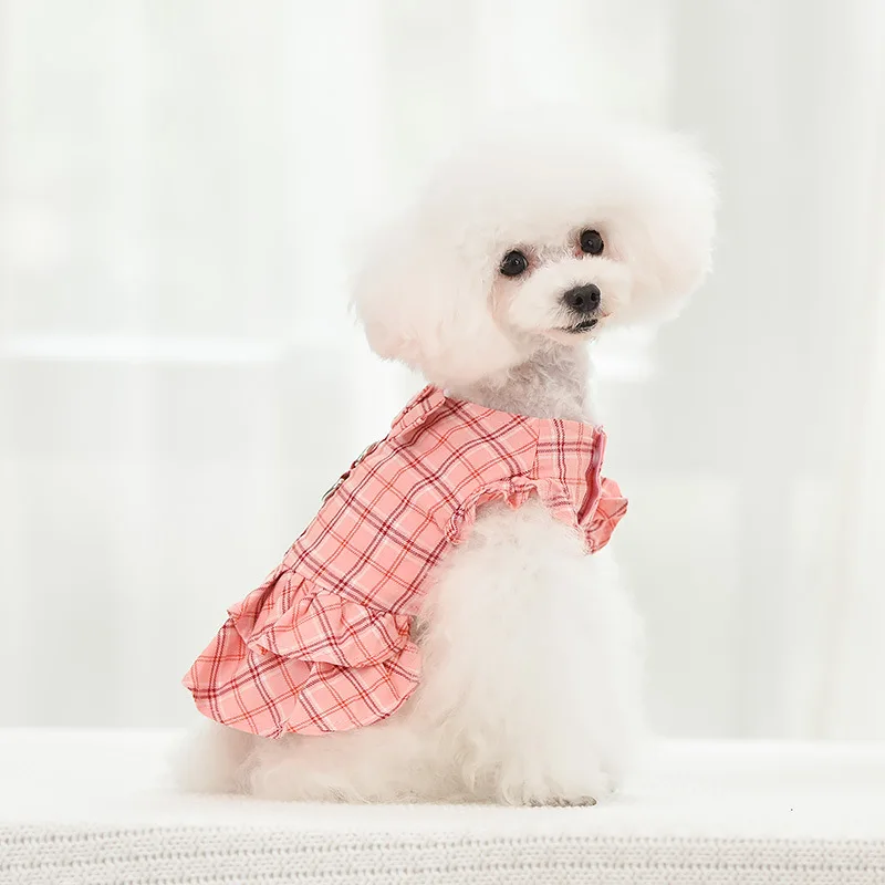Factory wholesale custom LOGO and package bowknot button plaid pattern o-neck pet dog dress with D-ring and leash
