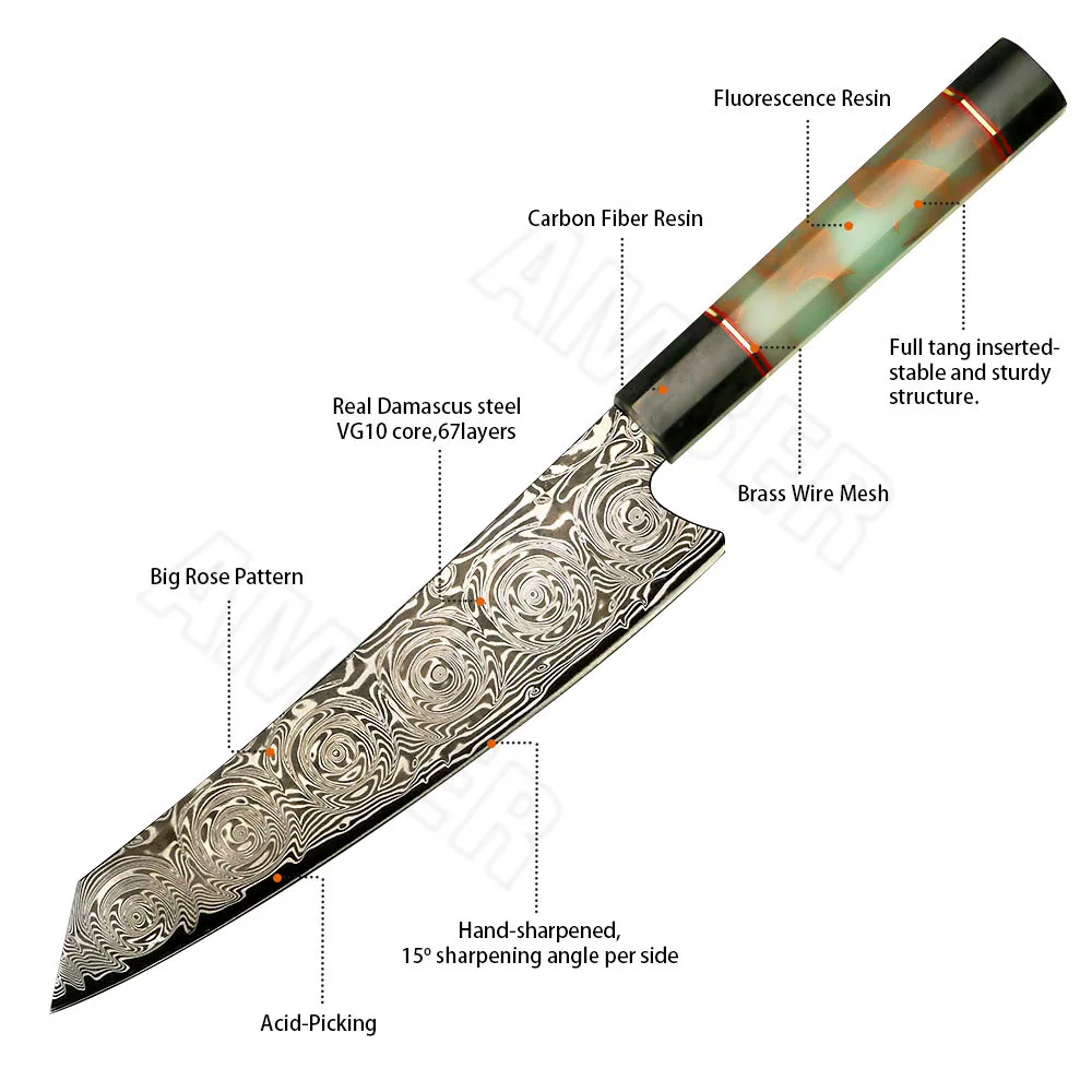 Amber  Rose Pattern  acid pickling  blade 67 layer vg10 japanese damascus chef knife 8 inch