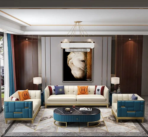 Modern luxury wood frame living room sets leather sofa furniture