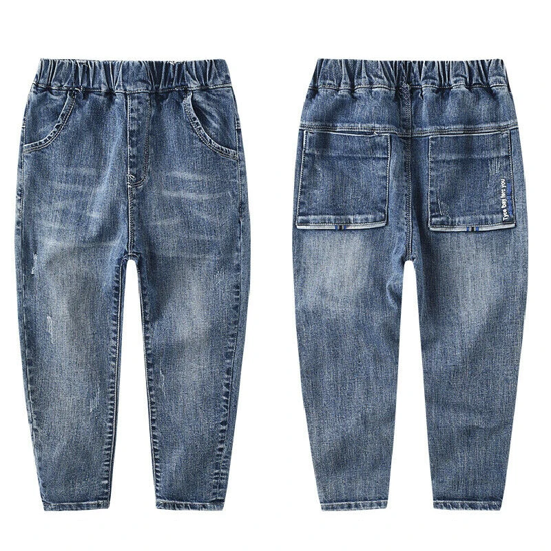 Wholesale Bulk Kids Jeans Denim Pants Children Soft Comfortable Stretch Elastic Waist Trousers Loose Small Foot Button Casual