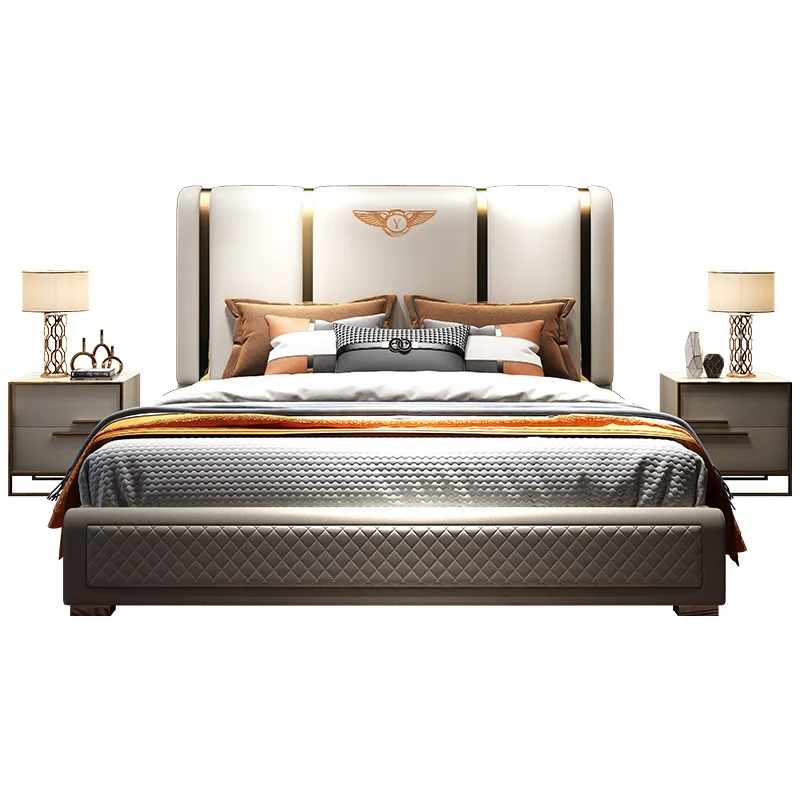 Cheap luxurious modern king size leather beds with golden stainless steel frame on promotion