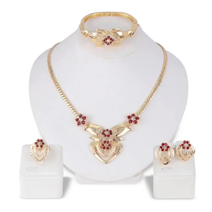 4Pcs/Set Gold Plated Choker Necklace Earring Bracelet Rings For Women Heart Charm Jewelry Set