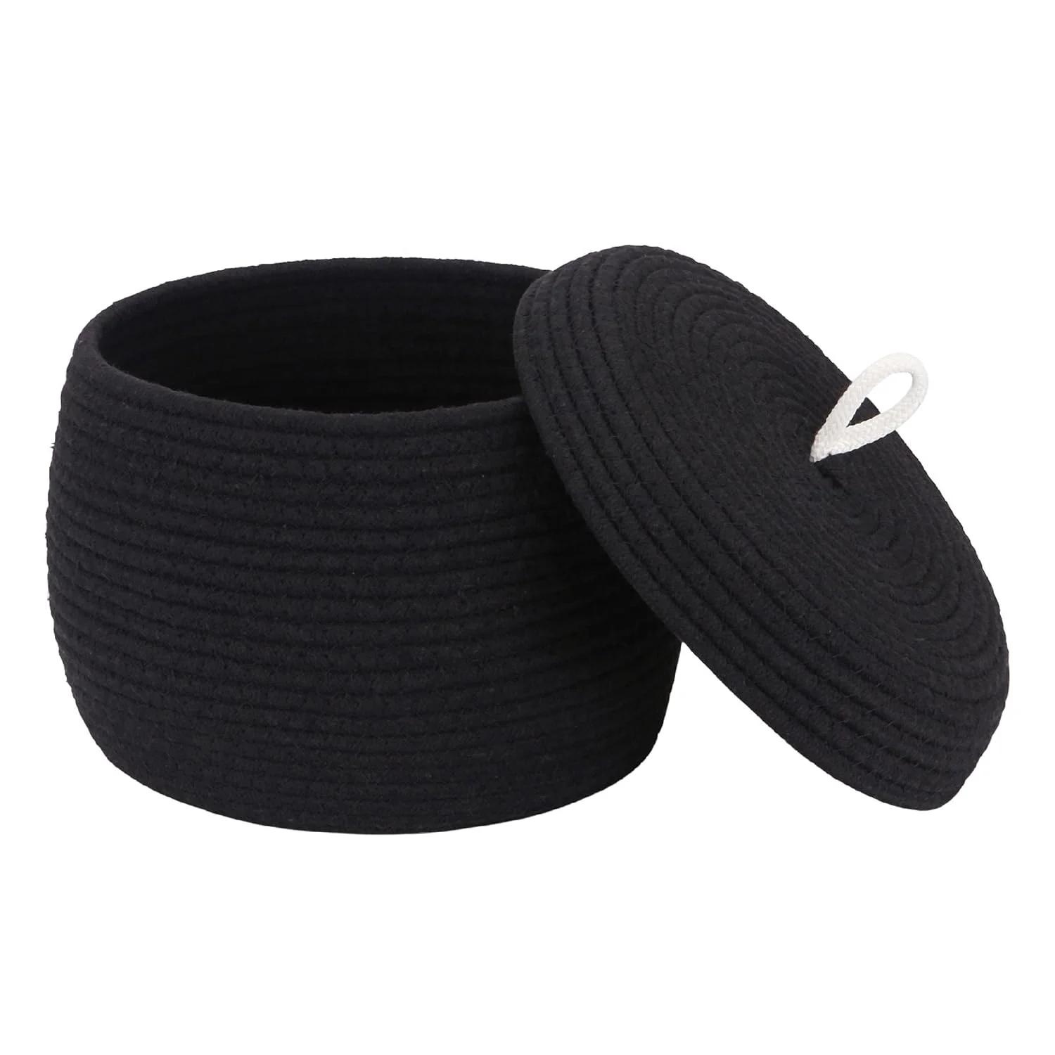 Pure black color small cotton rope woven storage baskets with lid cute cartoon storage baskets woven cotton rope des
