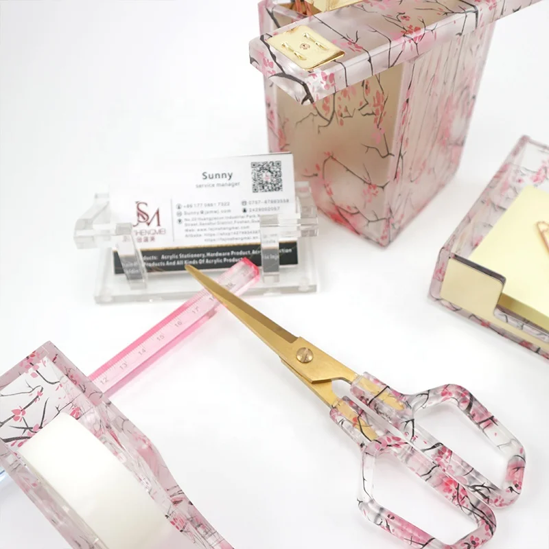 JSM Custom Acrylic transparency Floral Printing School Supplies Stapler Tape dispenser Storage Scissor