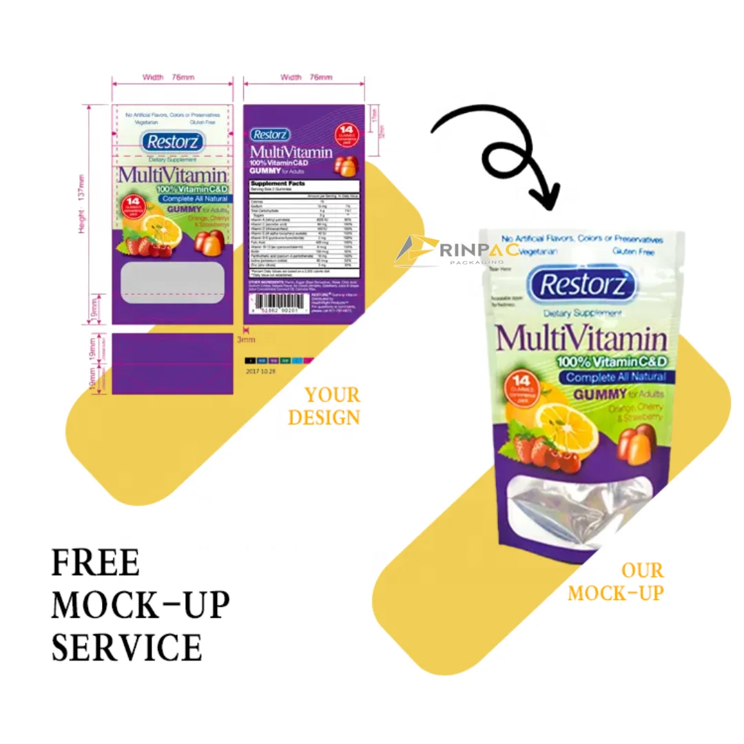 Custom Design Direct Printed Resealable Plastic 3.5 Gram 8th Edible Gummies Candy Mylar Bags with Box