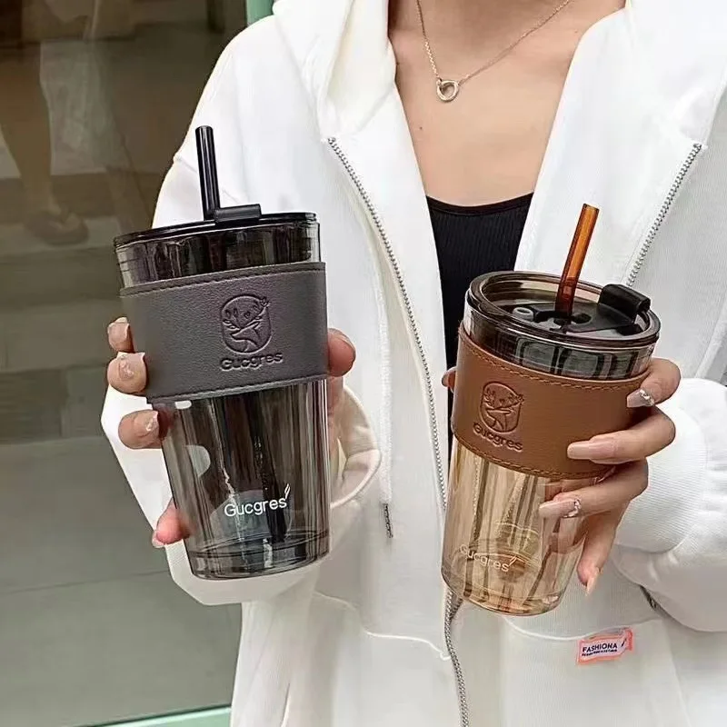 Best Seller Leather Protective Sleeve Glass Cup 450ml Glass Tumbler Sleeve Coffee Cup with Straw and Lid