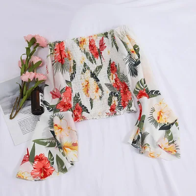 Women off Shoulder Long Sleeve Shirt Floral Printed Woman Casual Blouse
