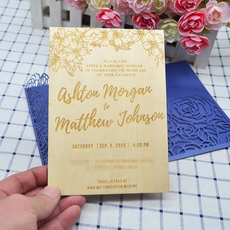 Wedding decoration wood carving laser cut custom wooden wedding invitations