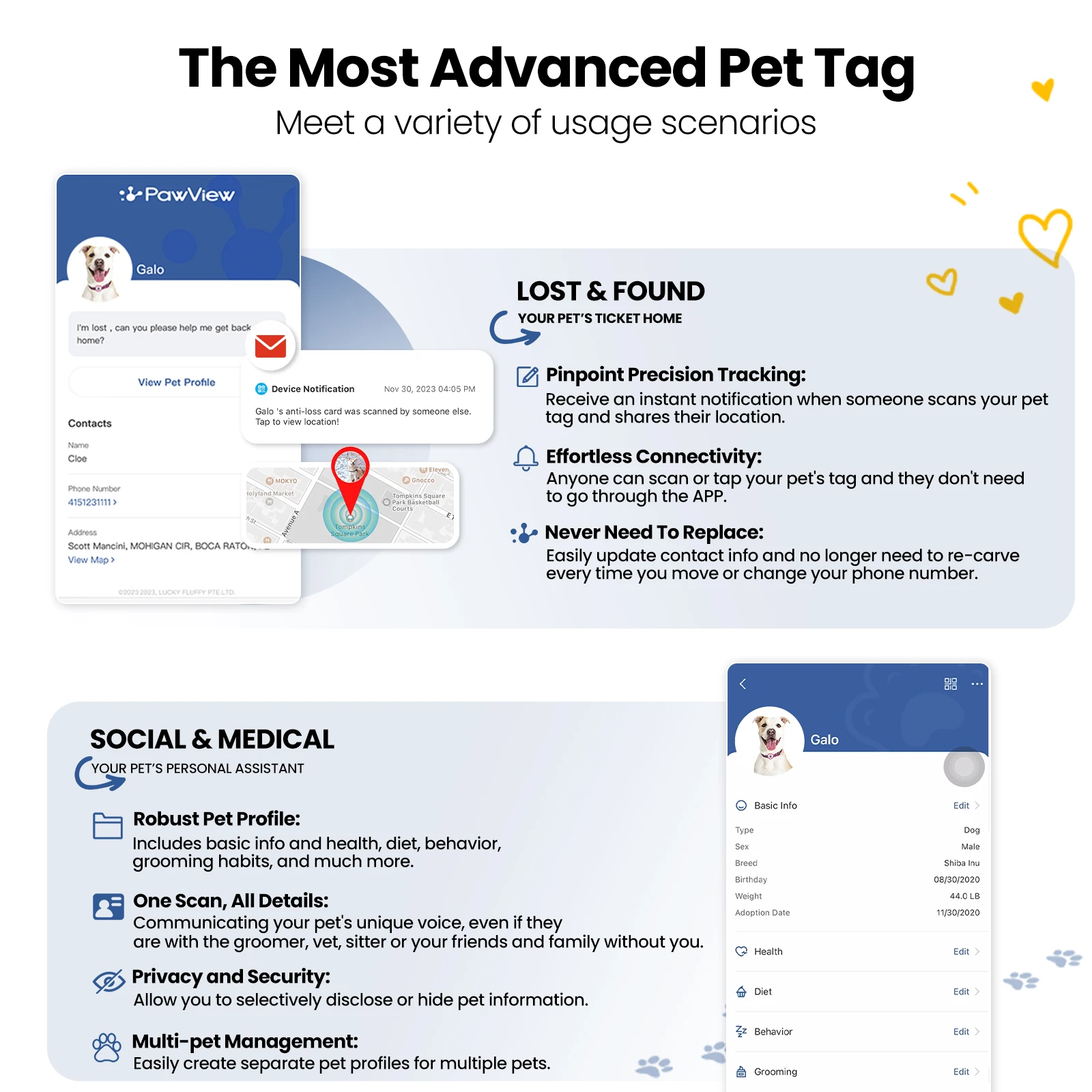 Pawview Durable QR Code Pet Cat Dog ID Tag Multi Colors NFC Silicone Dog Collar Tag Pet ID Anti-lost Tag with Heart Shaped