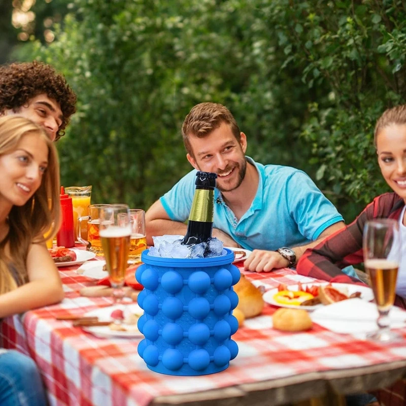 Best Seller Ice Cube Mold Trays Large Silicone Ice Bucket (2 in 1) Ice Cube Maker Round Portable (Dark Blue)