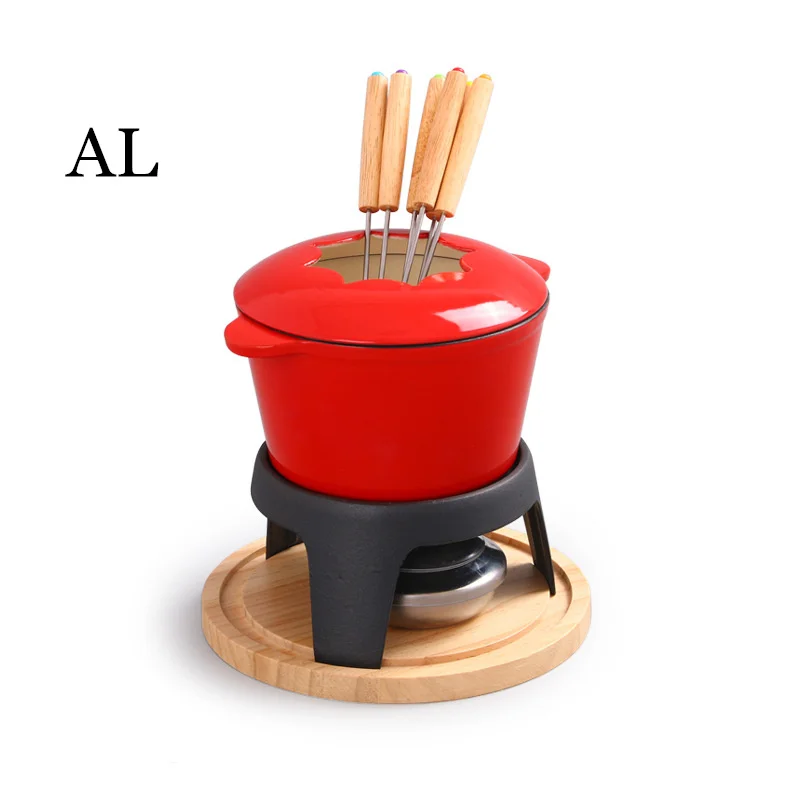Enamel Cast Iron Fondue Pot Set Chocolate Cheese Melting High-Value Single Hot Pot Fork Stand Heating Cooking Pot Set