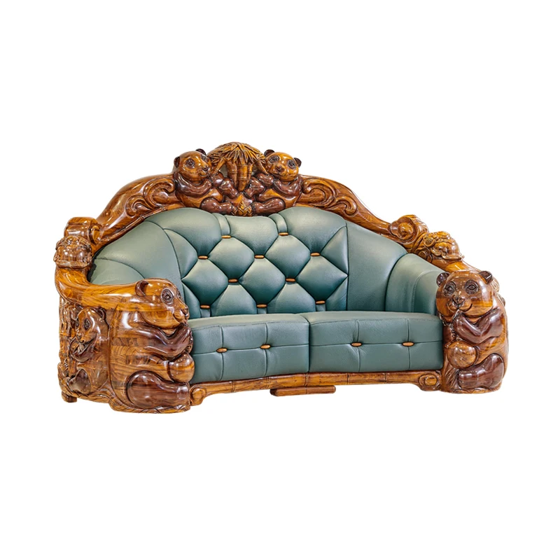 European Antique Living Room Sofas Luxury Solid Wood Leather Sofa Set