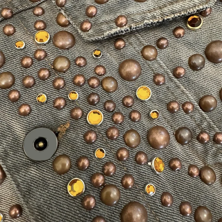 EDGE DENIM Manufacturer Custom distressed vintage washed full rivet rhinestone embroidery men jeans jacket for men