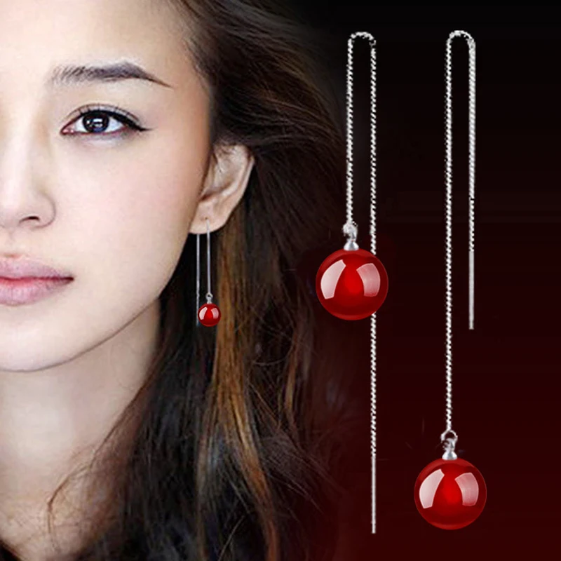 New Arrival Black Red Agate Earrings Silver Long Earrings Korean Thread Earrings for Women