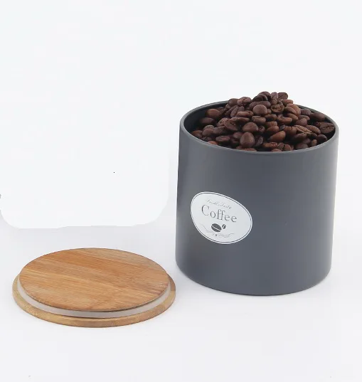 Deluxe black matt coating metal canister with airtight wood bamboo lid