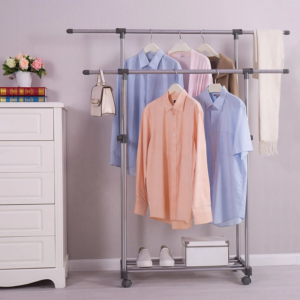 BAOYOUNI Double Pole Telescopic Clothes Rack Extendable Hanging Rail Rolling Laundry Drying Stand Garment Rack with Wheels