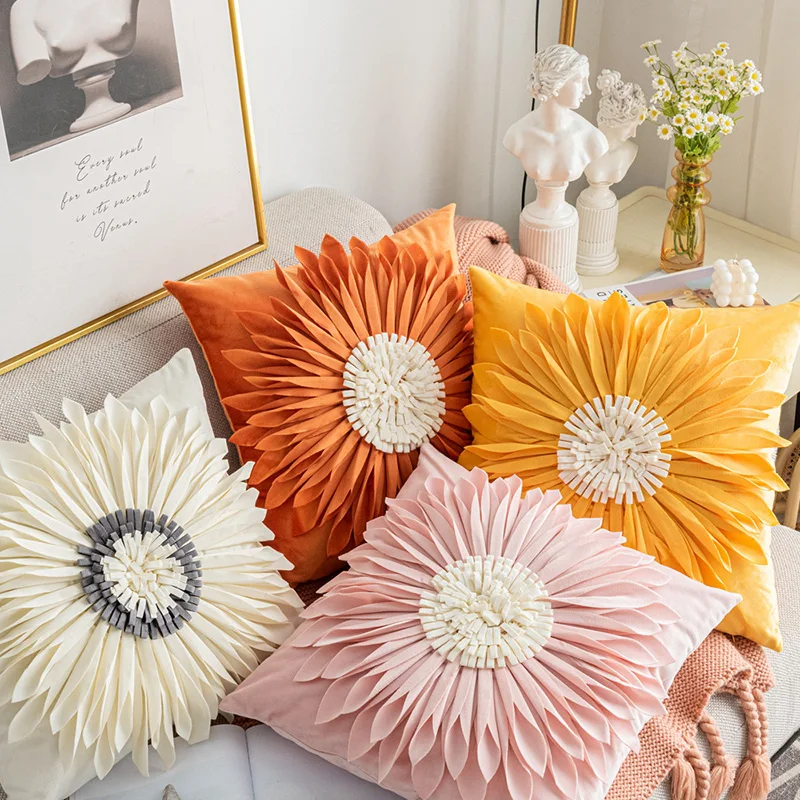 Handmade Velvet Sunflower Throw Square Cushion Cover Couch Living Room Bed Decorative Pillow Cover