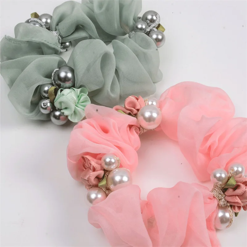 Handmade Crochet Candy White Full Crystal Pearls Ponytail Scrunchies Ties Elastic Rubber Hair Accessories Women Pearl Hair Bands