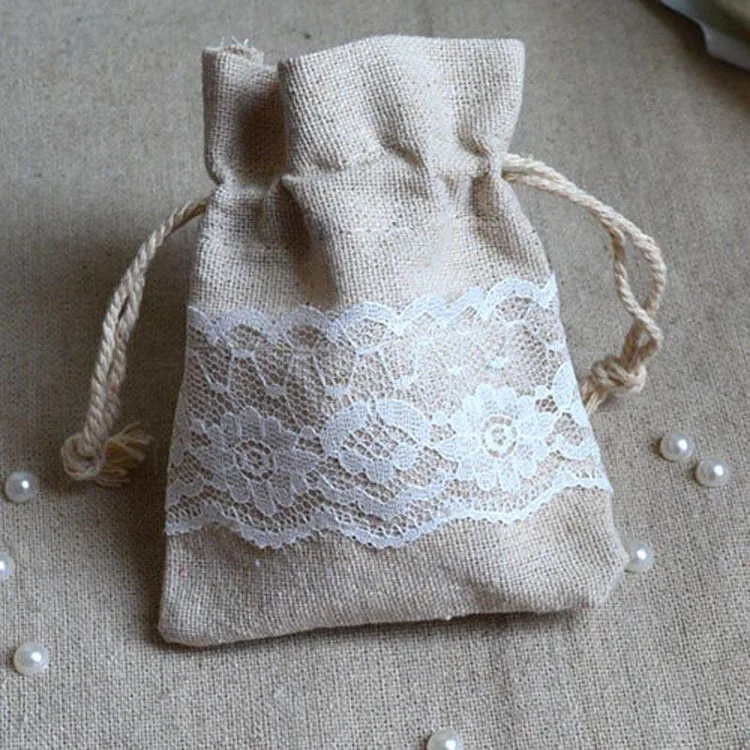 Fast Delivery Custom Logo Calico Small Gift Pouch Bag Linen Cotton Drawstring Bag With Lace For Lady Underwear Children Clothing