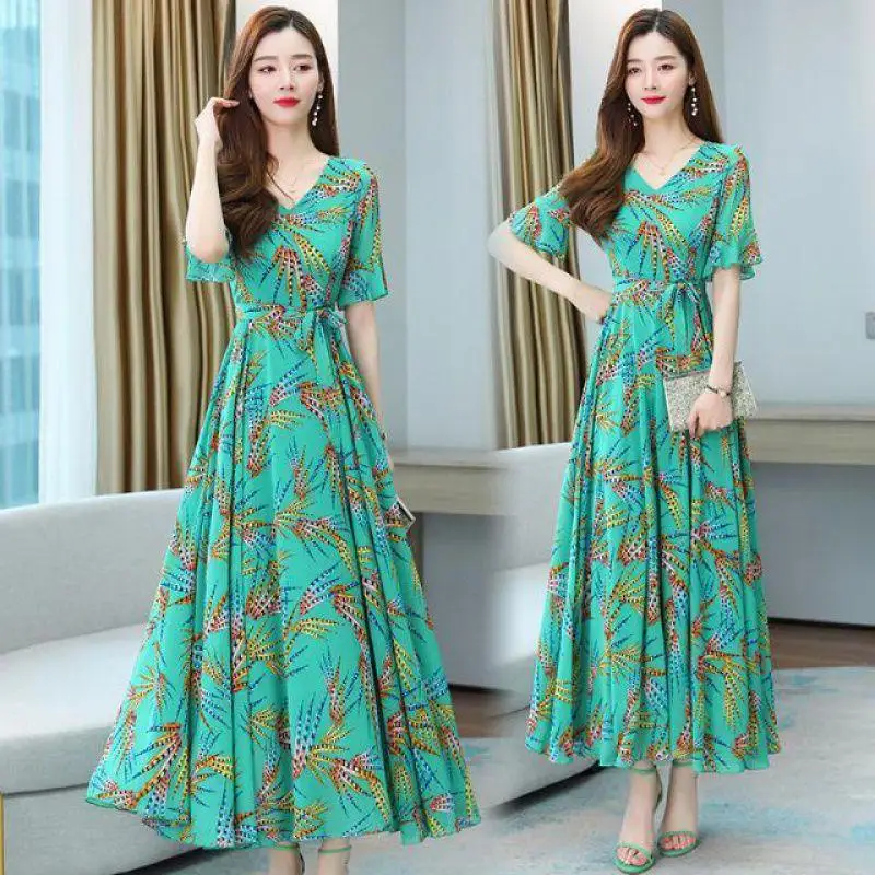 2023 Design Women Chiffon Holiday Beach Dress Long Sleeve Deep V-Neck Sex Irregular Rainbow Ruffles Ladies Dresses Maxi