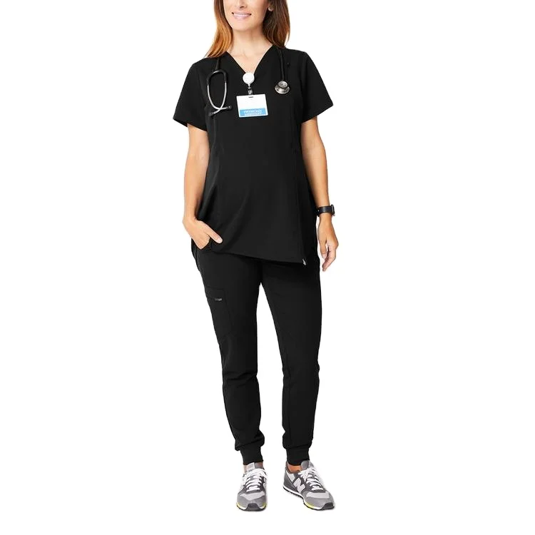 
V- neck Wholesale Black Color Skin-friendly Easy-care Women Nurse Uniform Maternity Design Scrubs 