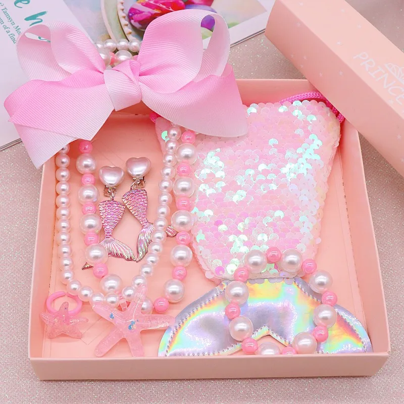 Kids Necklace Bracelet Ring Ear Clip Set Cute Starfish Necklace Girls Jewelry Set