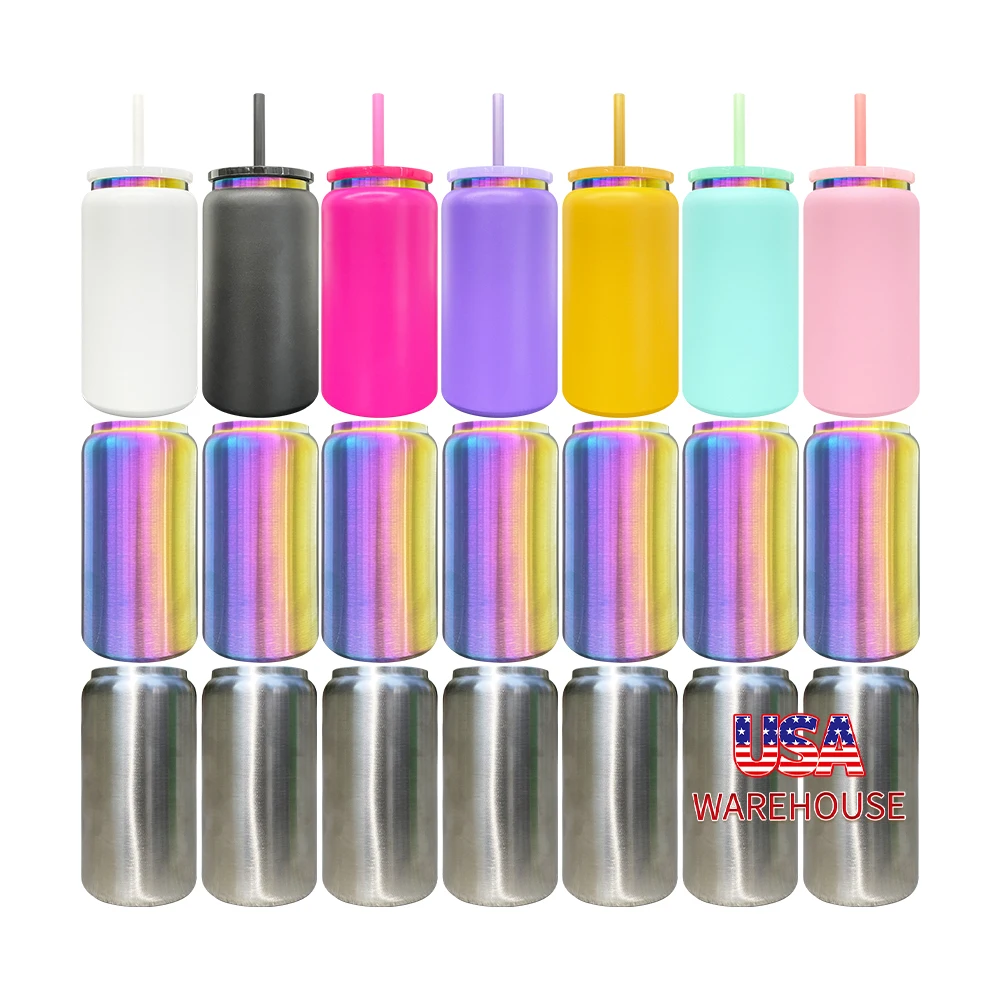 USA Warehouse Rainbow Plated Powder Coated Stainless Steel Double Walled 16oz Soda Beer Can Tumbler Cups for Laser Engrave